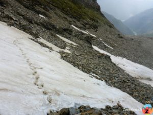 Abstieg über Schneefelder
